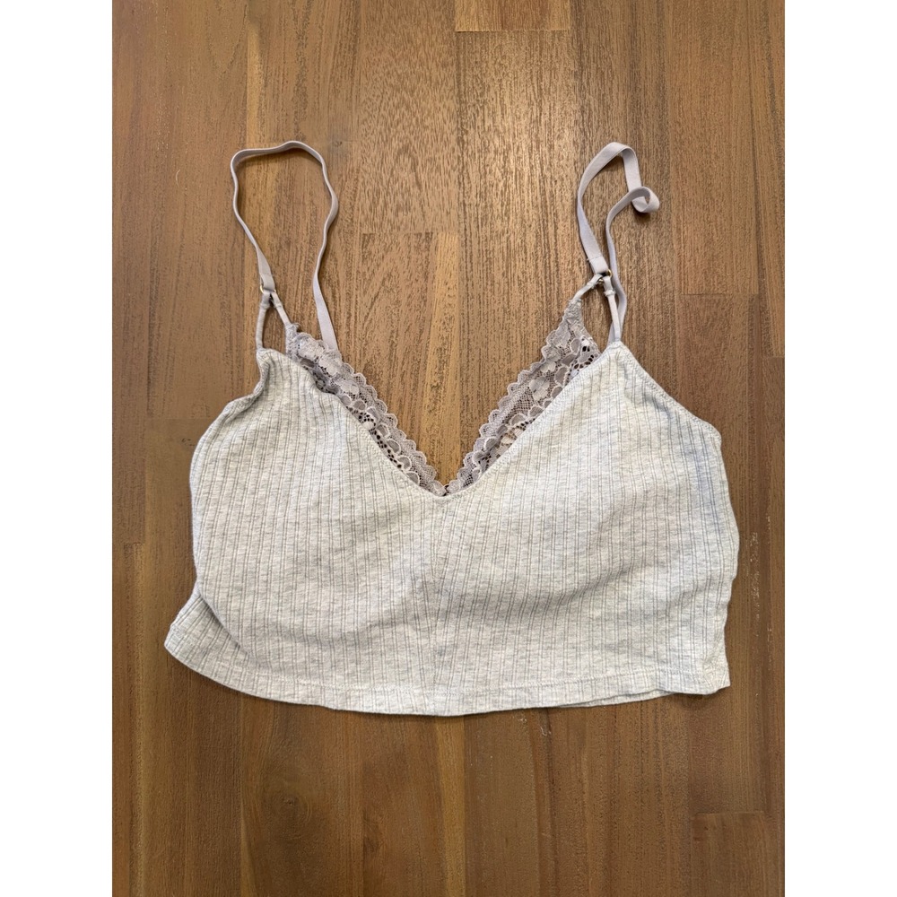 Aerie Ribbed Lace Trim Bralette Heather Gray V-Neck Adjustable Straps Size M/M